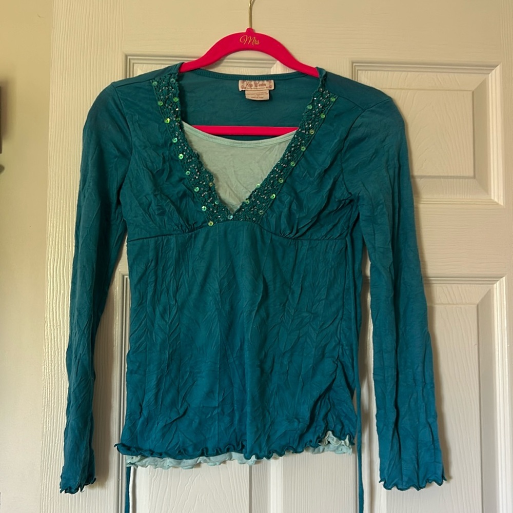 Teal sequin long sleeve top